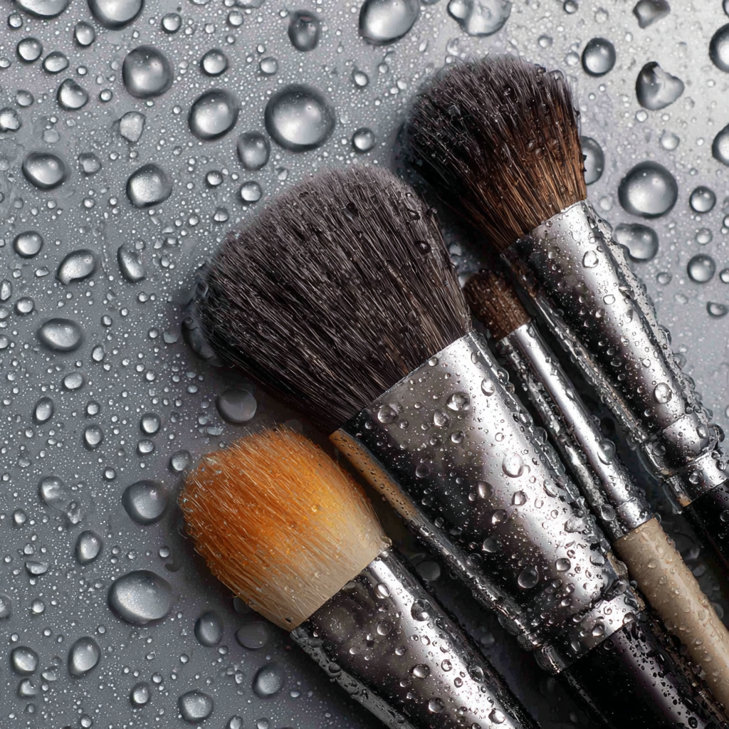 Magazine cover quality picture of a midium shot of Clean makeup brushes with water droplets.