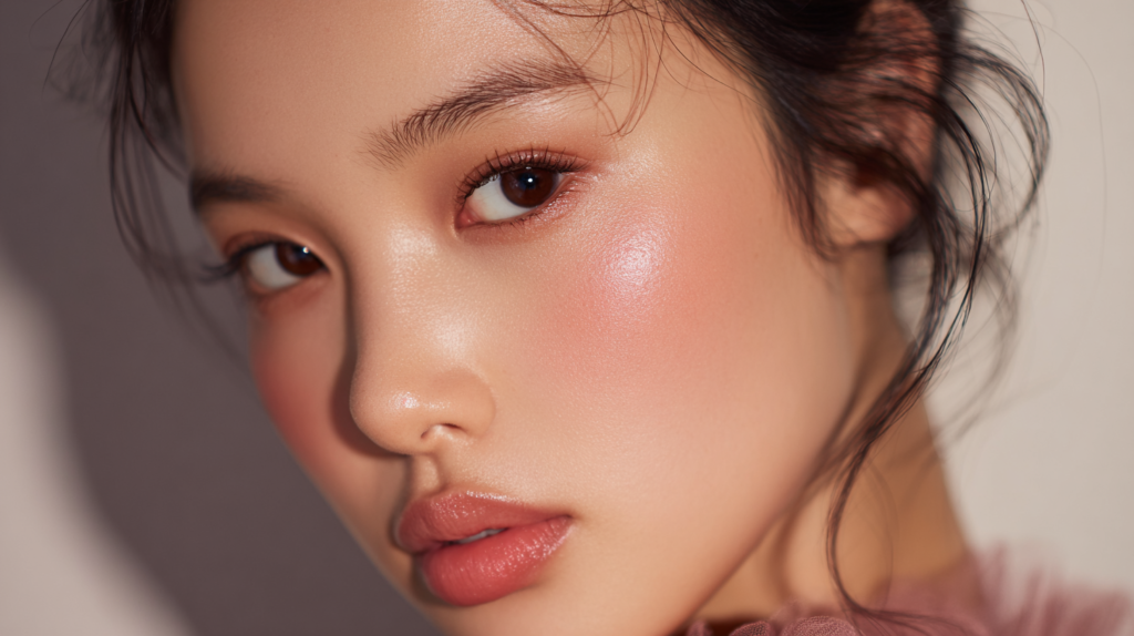 Singaporean Woman with natural makeup, dewy skin, and subtle blush.