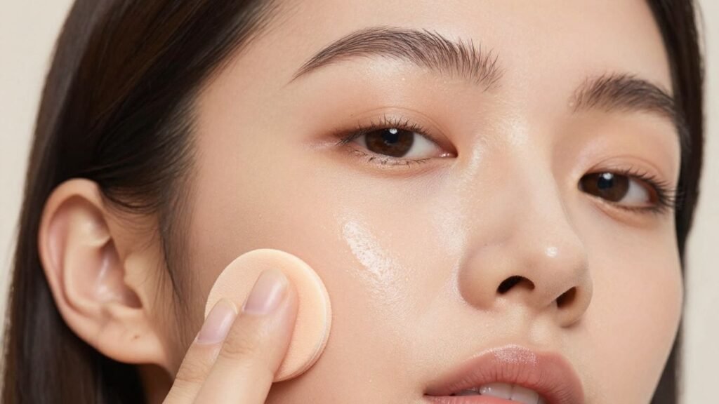 Woman applying dewy foundation for dry weather makeup.