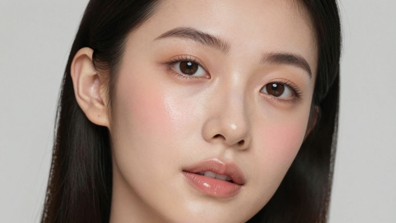 Woman with natural makeup, dewy skin, and subtle blush.