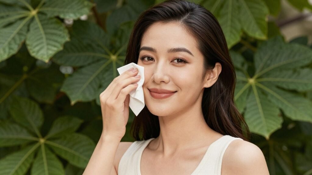 Woman with matte makeup blotting face outdoors in summer