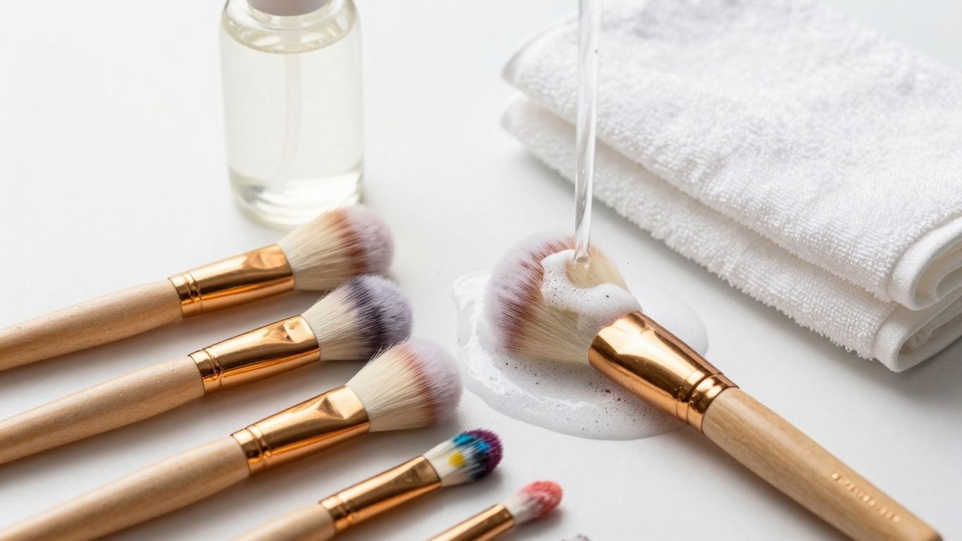 Clean and dirty makeup brushes with water and cleaner.