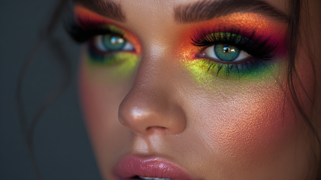 Vibrant Brazilian makeup with glowing skin and colorful eyes.