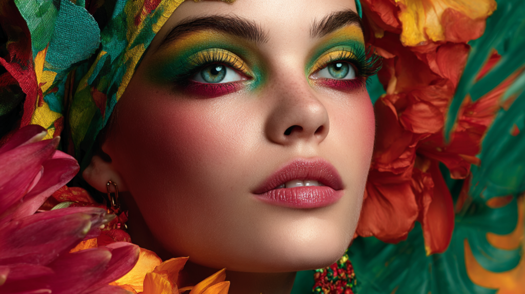 Woman with vibrant green and blue eyeshadow, glowing skin.