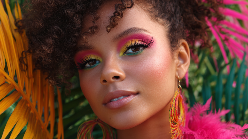 Vibrant Brazilian makeup with glowing skin and colorful eyes.