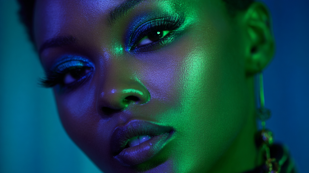 Vibrant Brazilian makeup with glowing skin and colorful eyes.