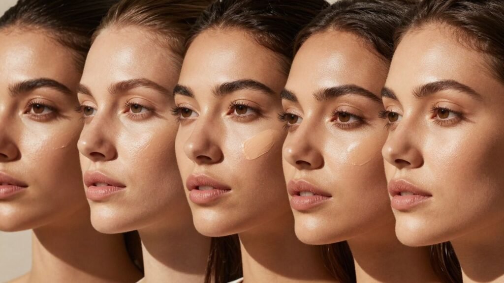 Women with olive undertones trying foundation shades.