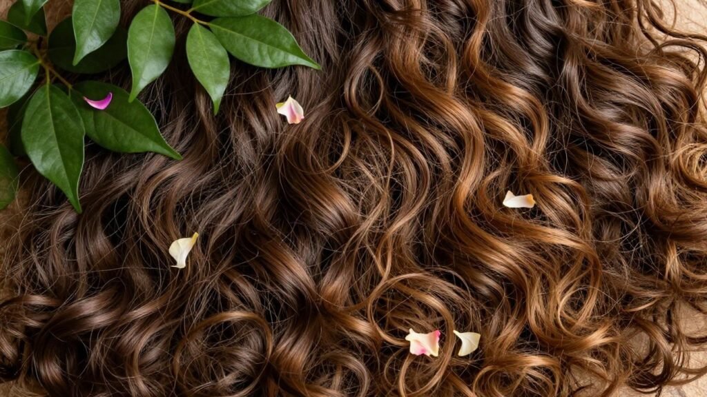 Diverse hair textures with natural elements.