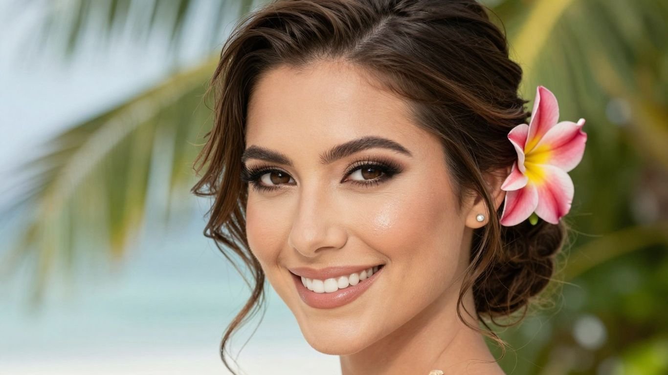 Bride with elegant hair and makeup for Dominican wedding.