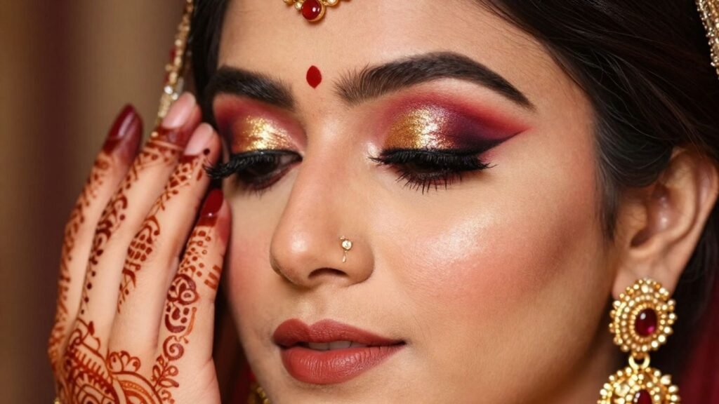 Diwali makeup ideas with kohl eyes and henna.