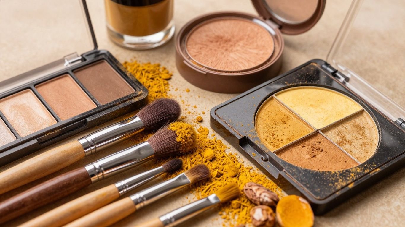 Turmeric makeup collection with brushes and products.