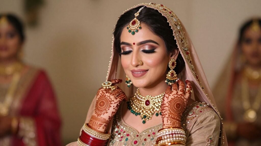 Woman in traditional Eid attire with mehndi and jewelry.