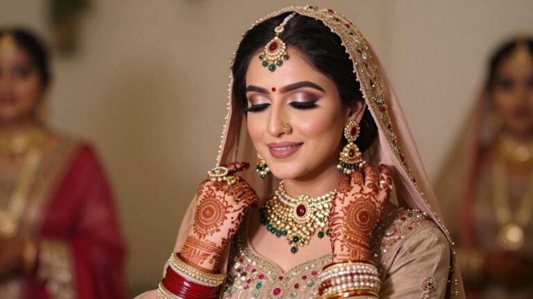 Woman in traditional Eid attire with mehndi and jewelry.