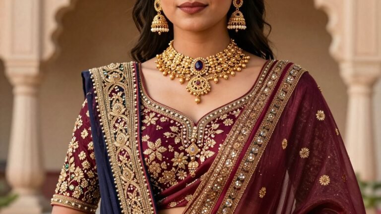 Woman in traditional Indian attire and jewelry.