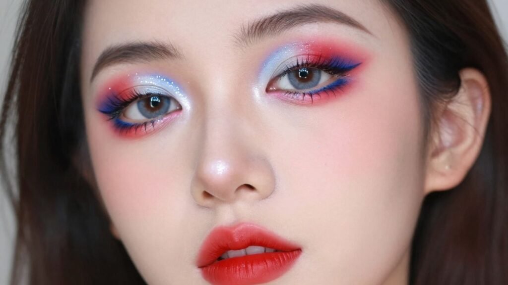 Woman with red, white, and blue Independence Day makeup.