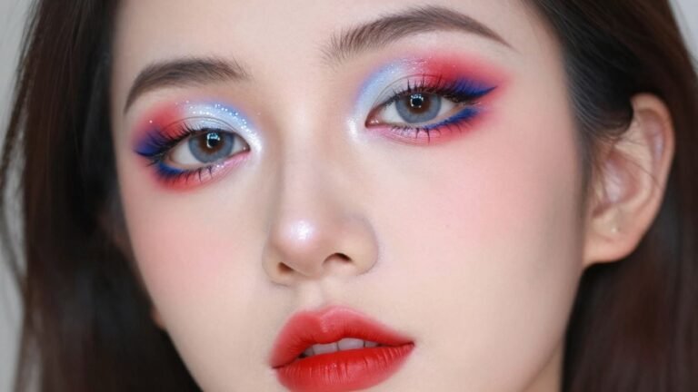 Woman with red, white, and blue Independence Day makeup.