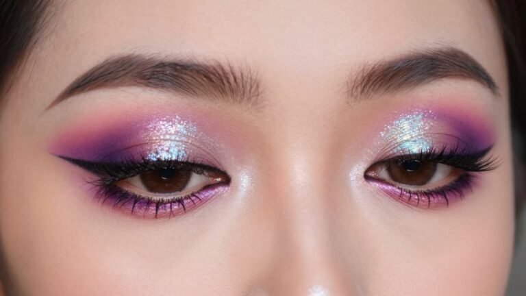 Woman with festive Eid makeup, shimmering eyes, bold lips.