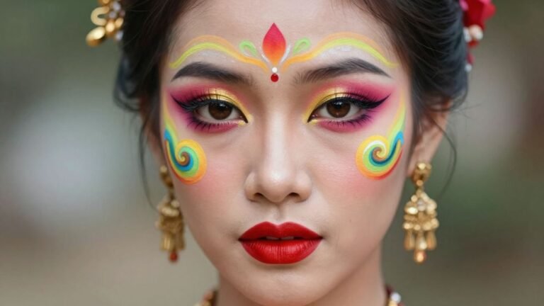 Cambodian woman with vibrant, artistic makeup.