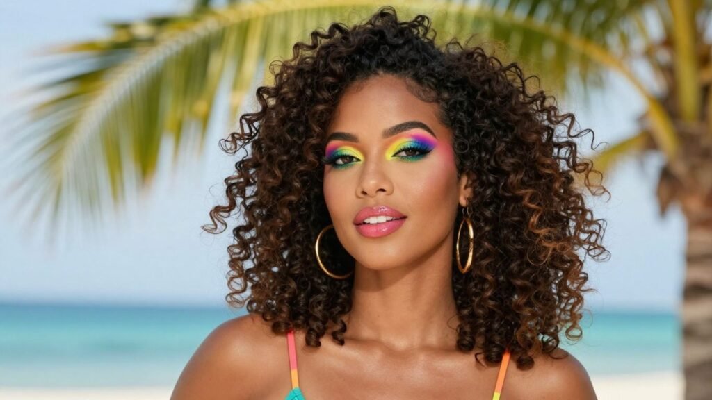 Dominican woman with curly hair and colorful makeup