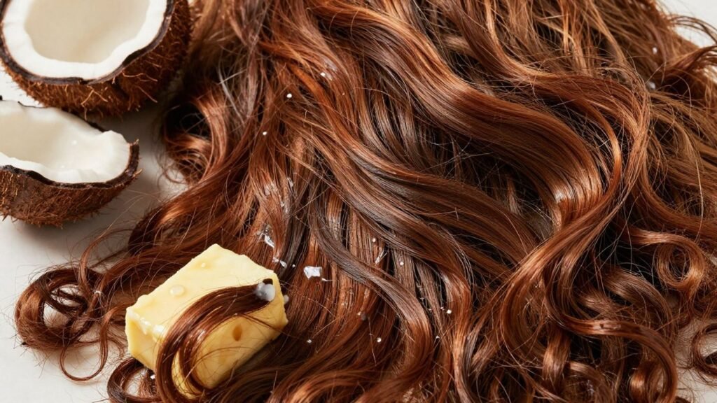 Woman with hydrated, defined curls and natural ingredients.