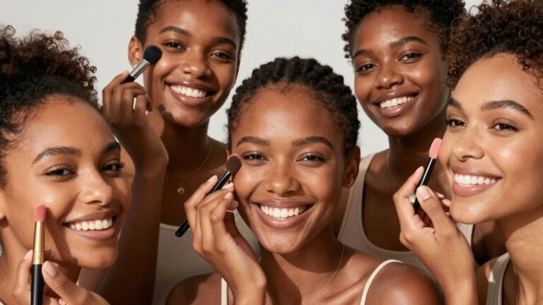 Diverse people applying makeup, celebrating beauty for all.