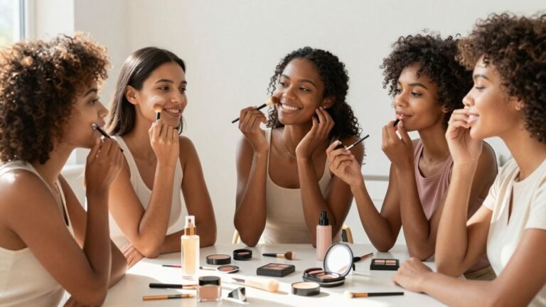 Diverse individuals applying beauty products, celebrating inclusivity.