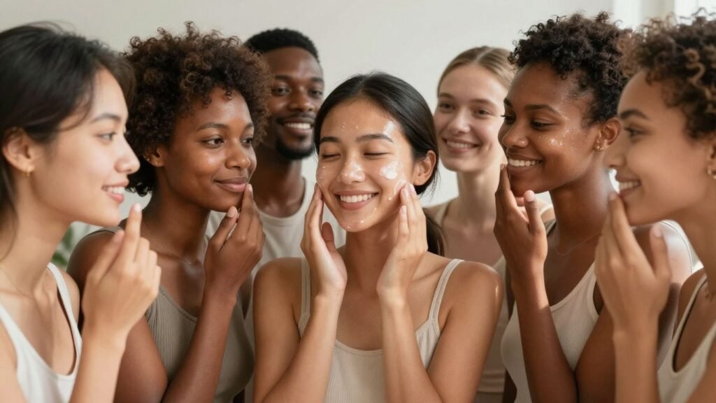 Diverse individuals applying skincare, showcasing healthy, glowing skin.