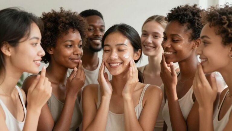 Diverse individuals applying skincare, showcasing healthy, glowing skin.