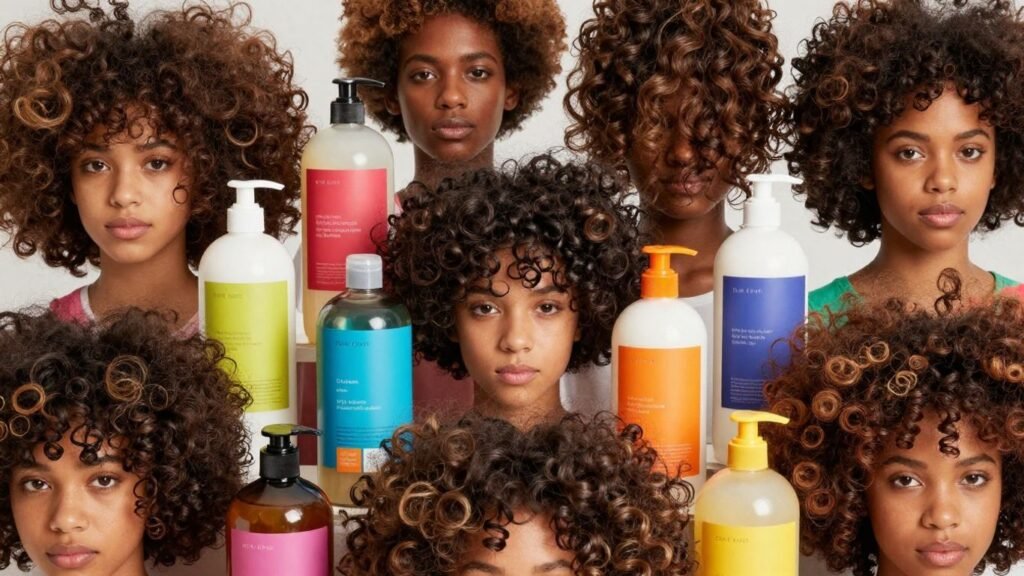 Mixed race hair textures with product bottles.