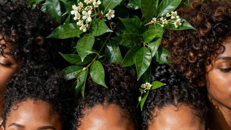Diverse natural hairstyles with leaves and flowers.