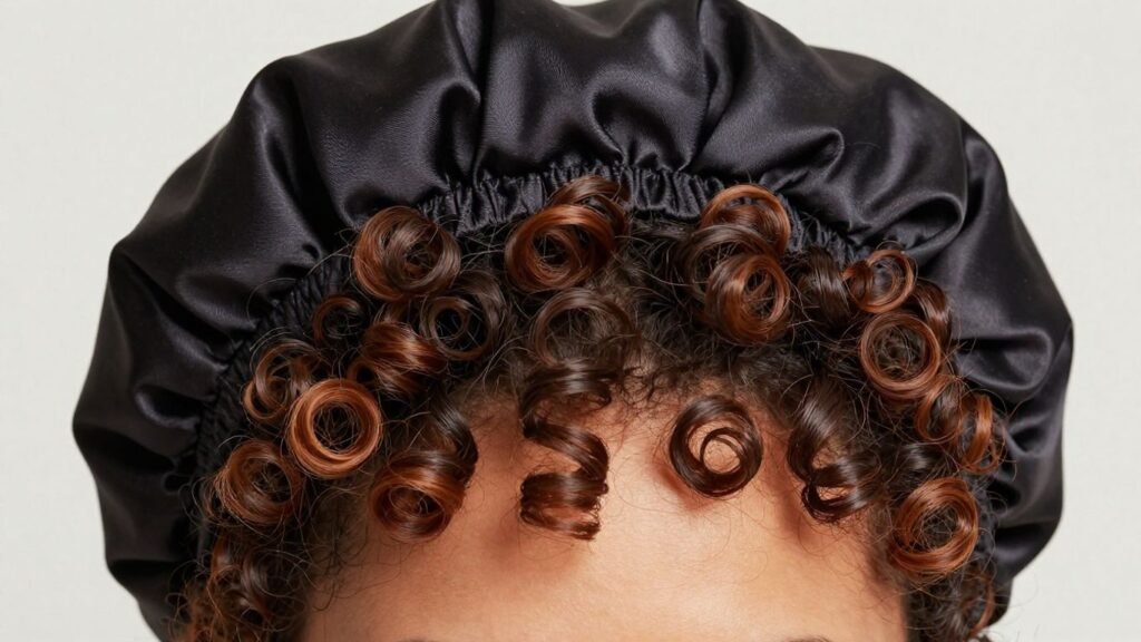 Curly hair protected by a satin bonnet