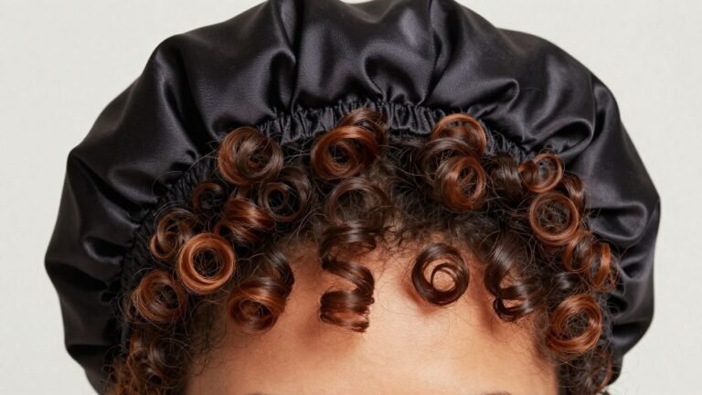 Curly hair protected by a satin bonnet
