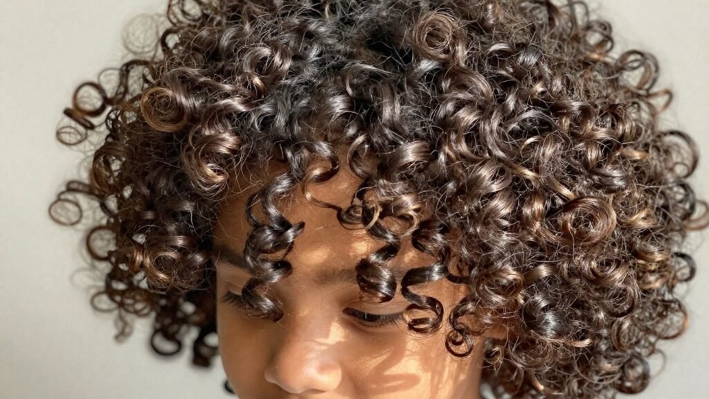Child with healthy, shiny mixed-race curly hair.