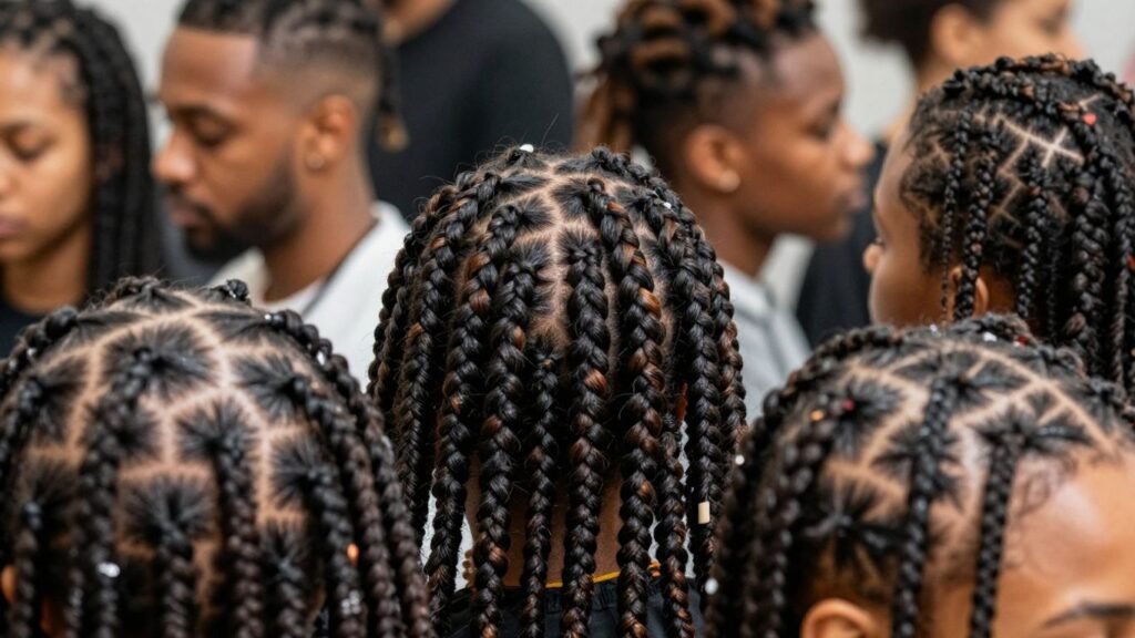 Diverse protective hairstyles, braids, twists, locs, healthy hair.