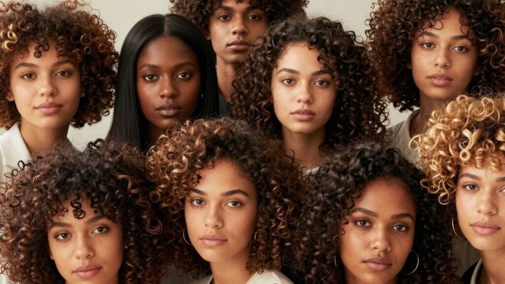 Diverse natural hair textures and styles in sunlight.