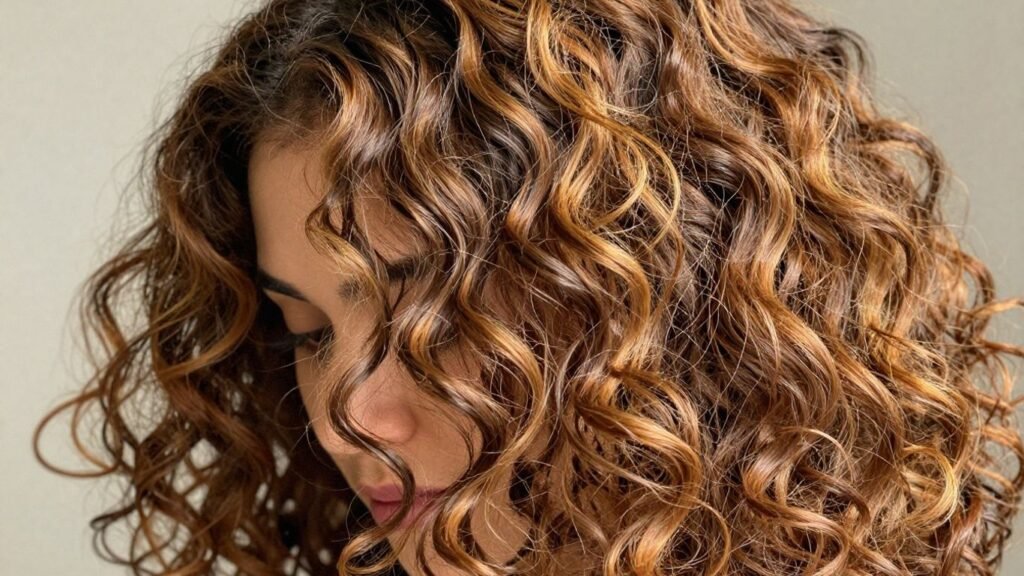 Woman with diverse mixed curl types in her hair.
