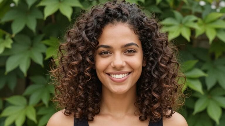 Woman with frizz-free mixed hair in humid weather.